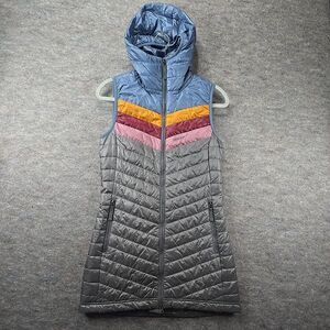 Skhoop long puff vest with hood Womens sz S Zip Front Stripes